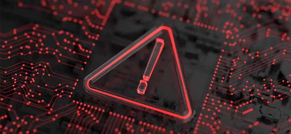 Ett rött utropstecken på ett kretskort